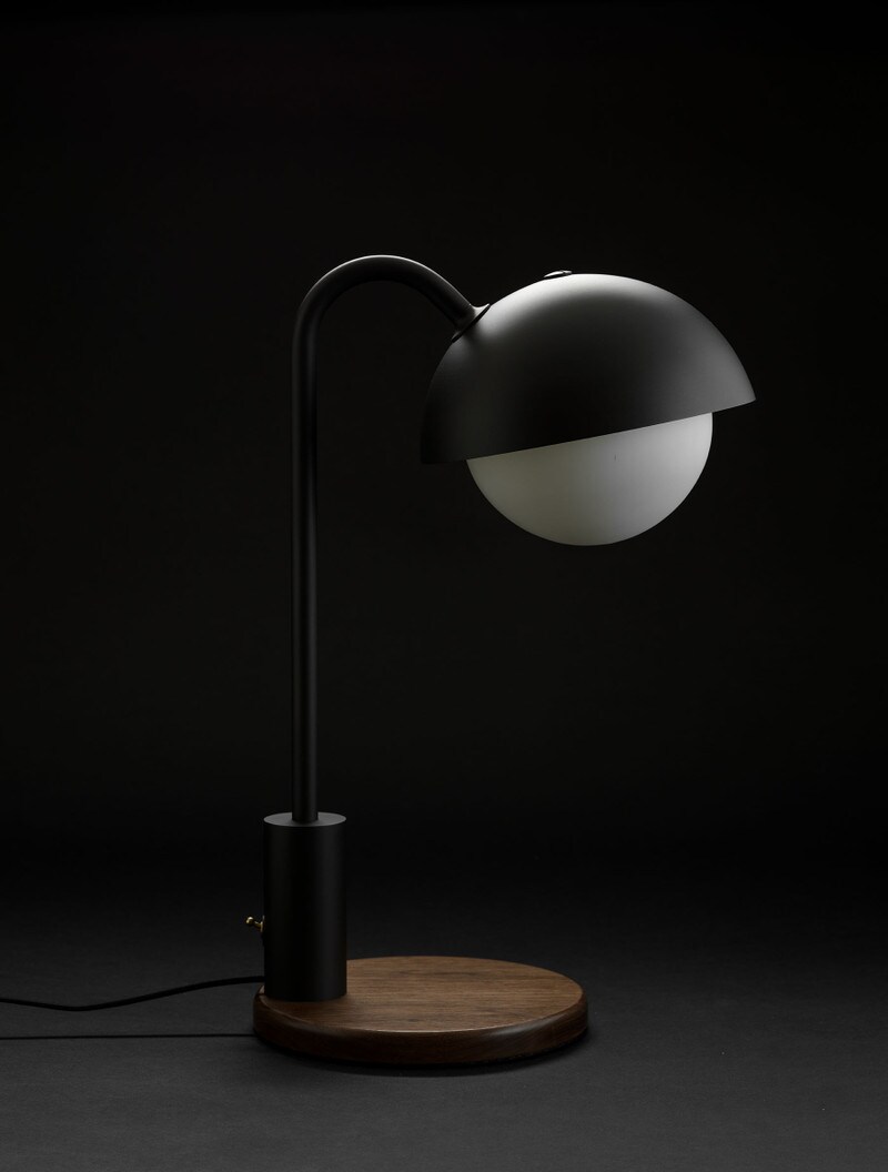 Dome Table Lamp in Maker Black, Black Walnut and Matte White globe